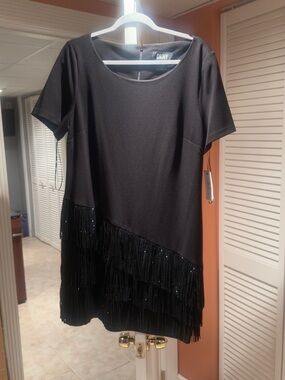 DKNY Black Fringe Short Dress with Scoop Neck